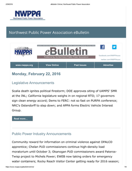 Northwest Public Power Association Ebulletin Monday, February 22, 2016