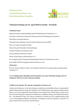 Protokoll 2. Teilräumlicher MORO-Workshop Utzedel/Demmin Vom 10.04.2018