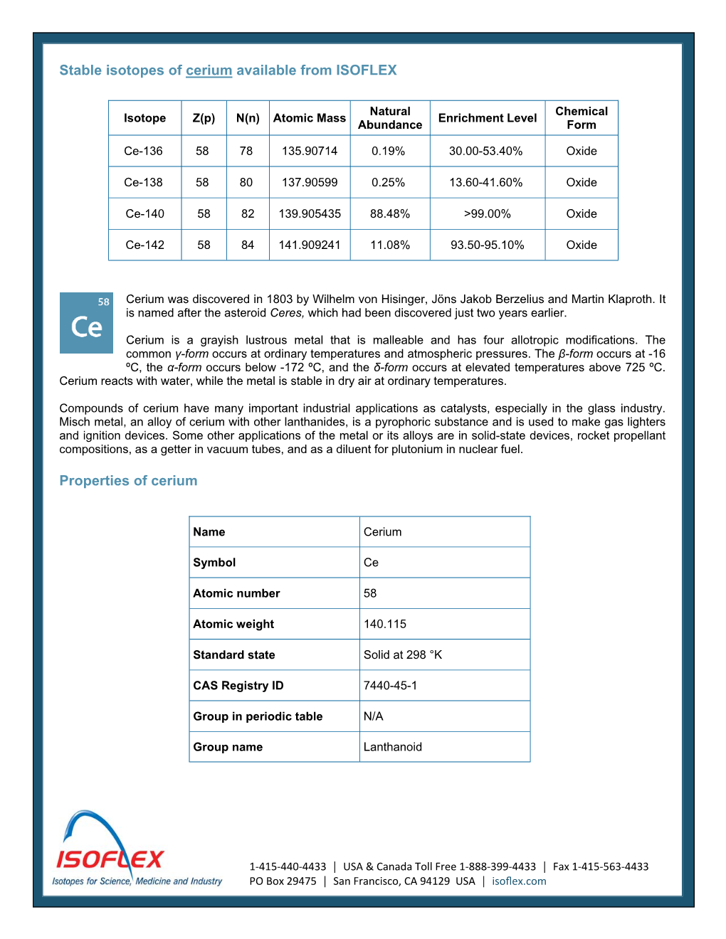 Stable Isotopes of Cerium Available from ISOFLEX Properties of Cerium