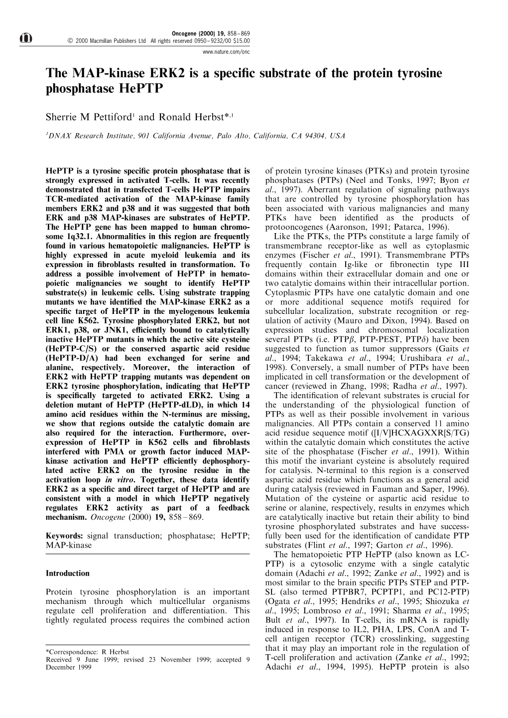 The MAP-Kinase ERK2 Is a Specific Substrate of the Protein Tyrosine