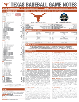 TEXAS BASEBALL GAME NOTES SIX-TIME NATIONAL CHAMPIONS | 1949 1950 1975 1983 2002 2005 CONTACT: Kevin Rodriguez (Krod@Utexas.Edu | 817-528-7402)