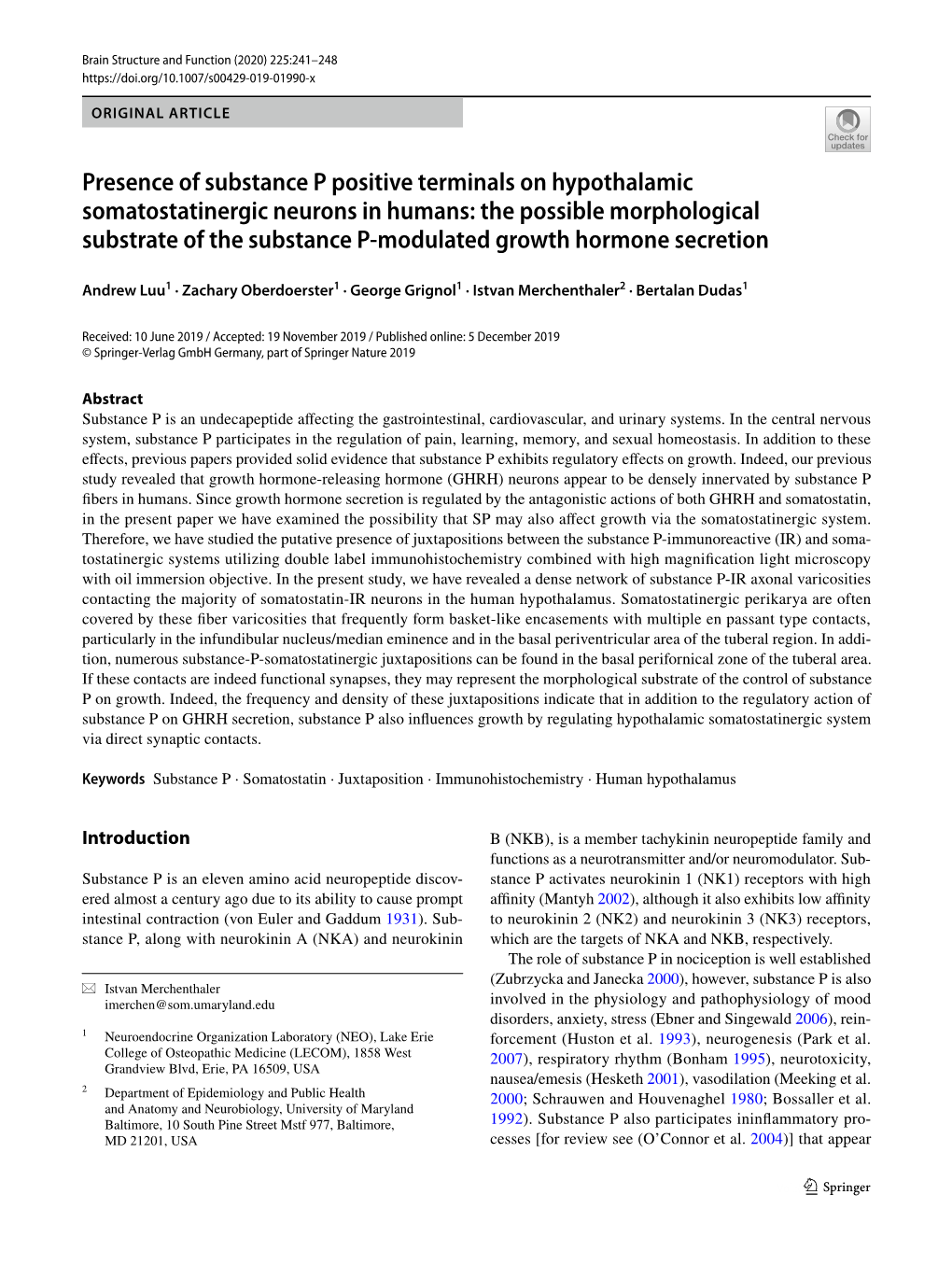 Presence of Substance P Positive Terminals on Hypothalamic