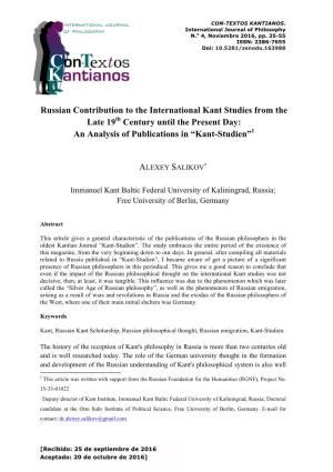 Russian Contribution to the International Kant Studies from the Late 19Th Century Until the Present Day: an Analysis of Publications in “Kant-Studien”1