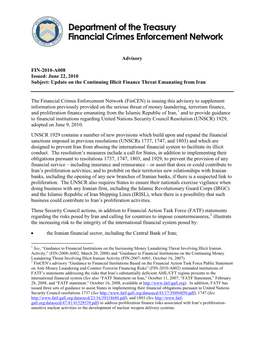 FIN-2010-A008 Issued: June 22, 2010 Subject: Update on the Continuing Illicit Finance Threat Emanating from Iran