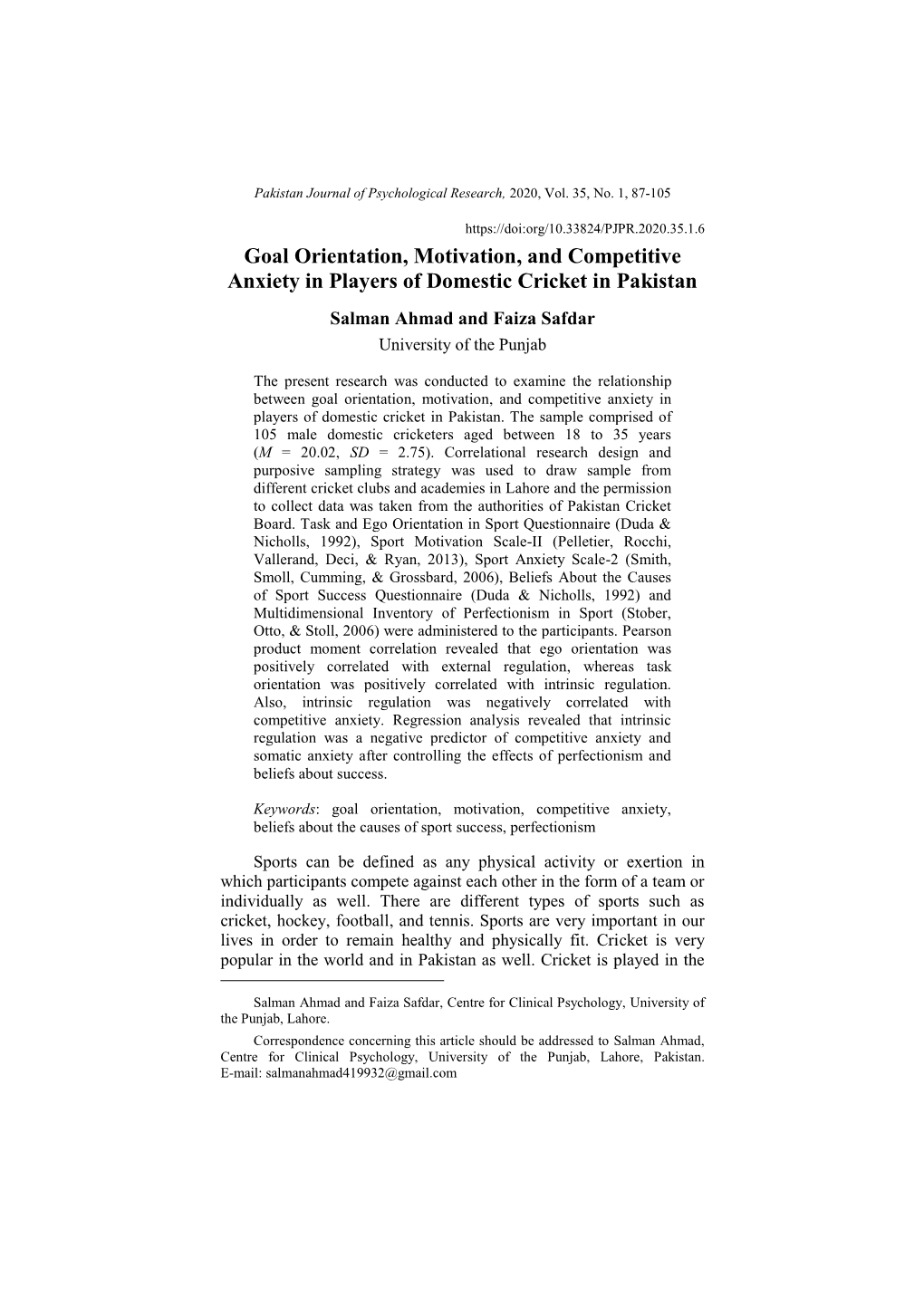 Goal Orientation, Motivation, and Competitive Anxiety in Players of Domestic Cricket in Pakistan