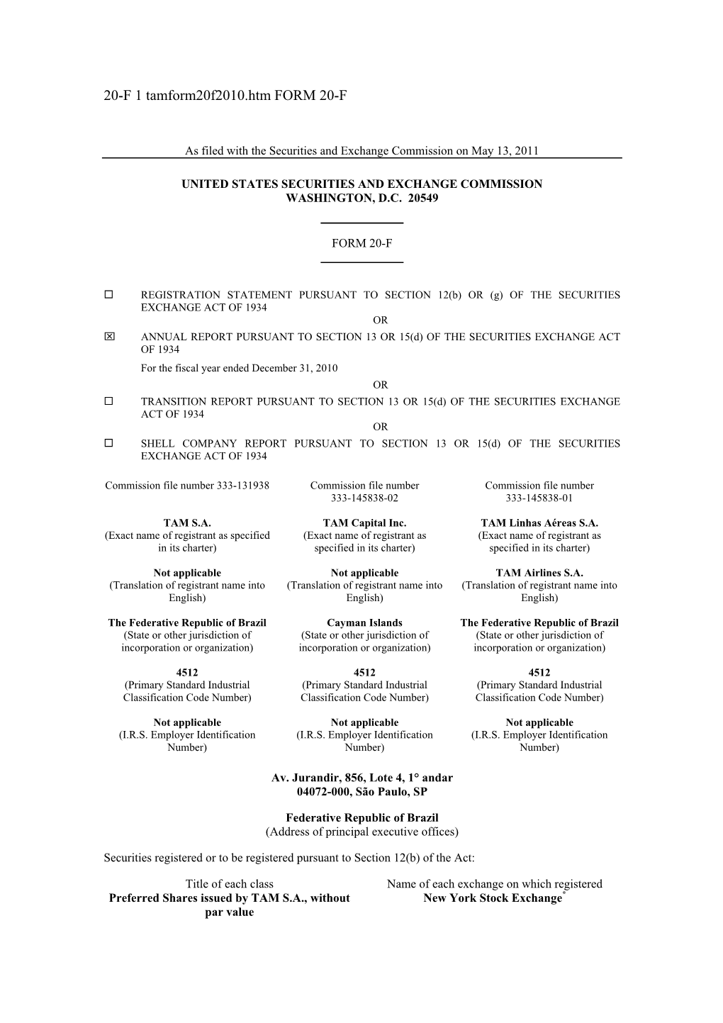 20-F 1 Tamform20f2010.Htm FORM 20-F