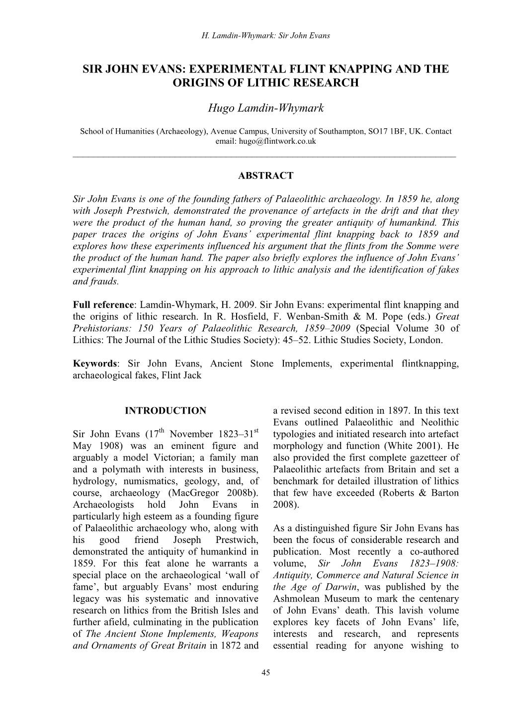 Sir John Evans: Experimental Flint Knapping and the Origins of Lithic Research