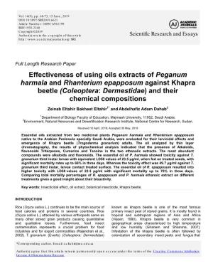 Effectiveness of Using Oils Extracts of Peganum Harmala and Rhanterium Epapposum Against Khapra Beetle (Coleoptera: Dermestidae) and Their Chemical Compositions