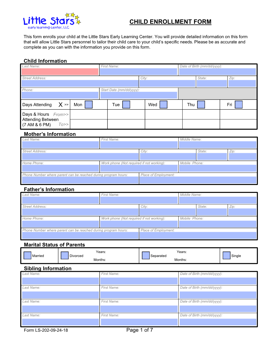 Form LS-202-09-24-18 Page 1 of 7 CHILD ENROLLMENT FORM (Continued)