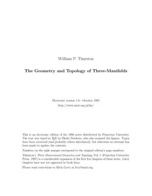 William P. Thurston the Geometry and Topology of Three-Manifolds