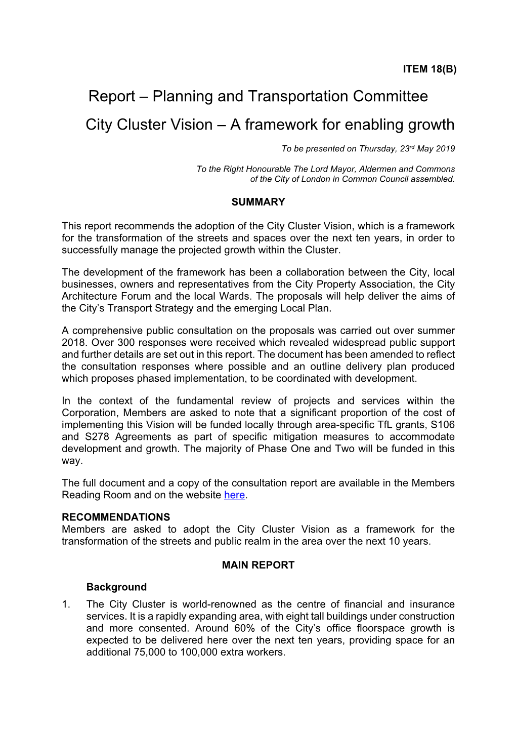 Planning and Transportation Committee City Cluster Vision – a Framework for Enabling Growth