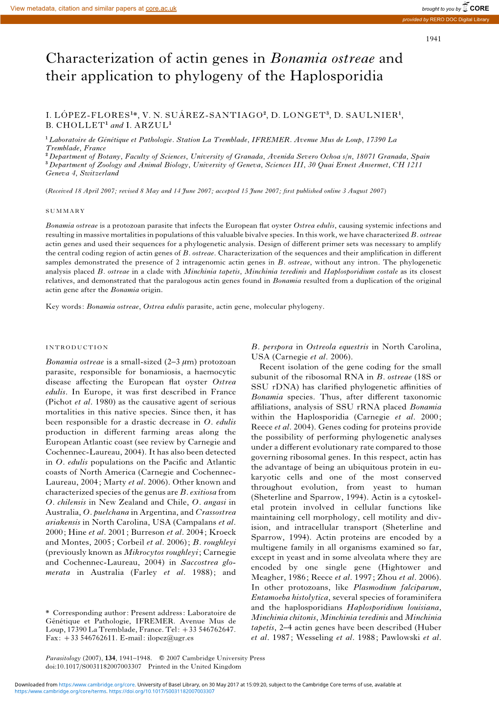 Characterization of Actin Genes in Bonamia Ostreae and Their Application to Phylogeny of the Haplosporidia