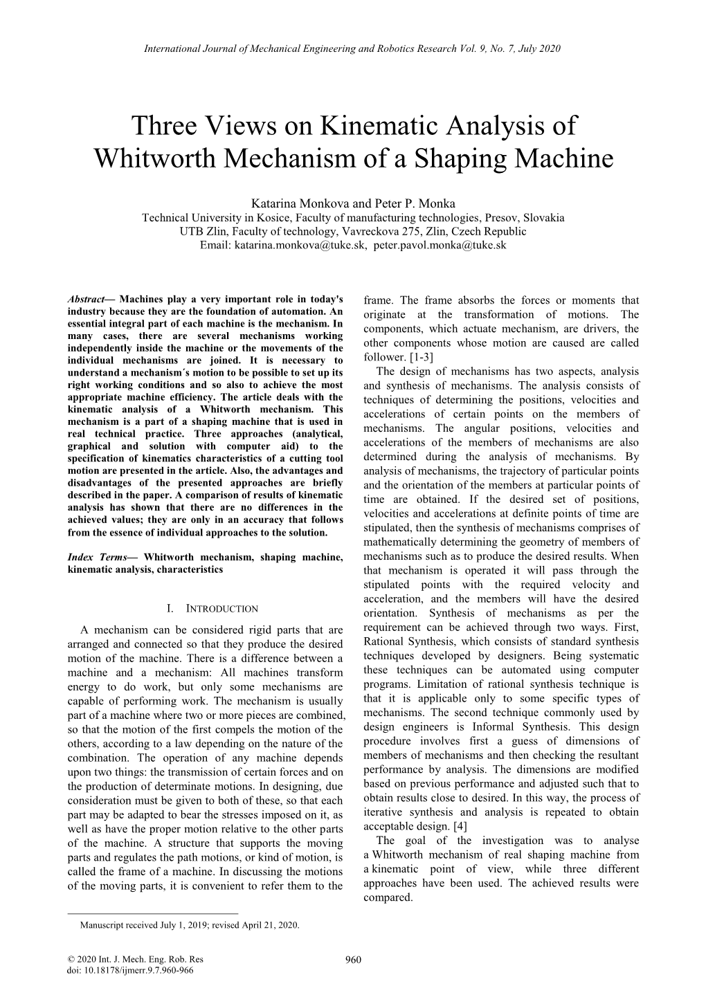 Three Views on Kinematic Analysis of Whitworth Mechanism of a Shaping Machine