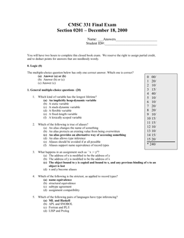 CMSC 331 Final Exam Section 0201 – December 18, 2000
