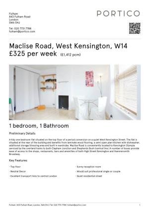 Maclise Road, West Kensington, W14 £325 Per Week
