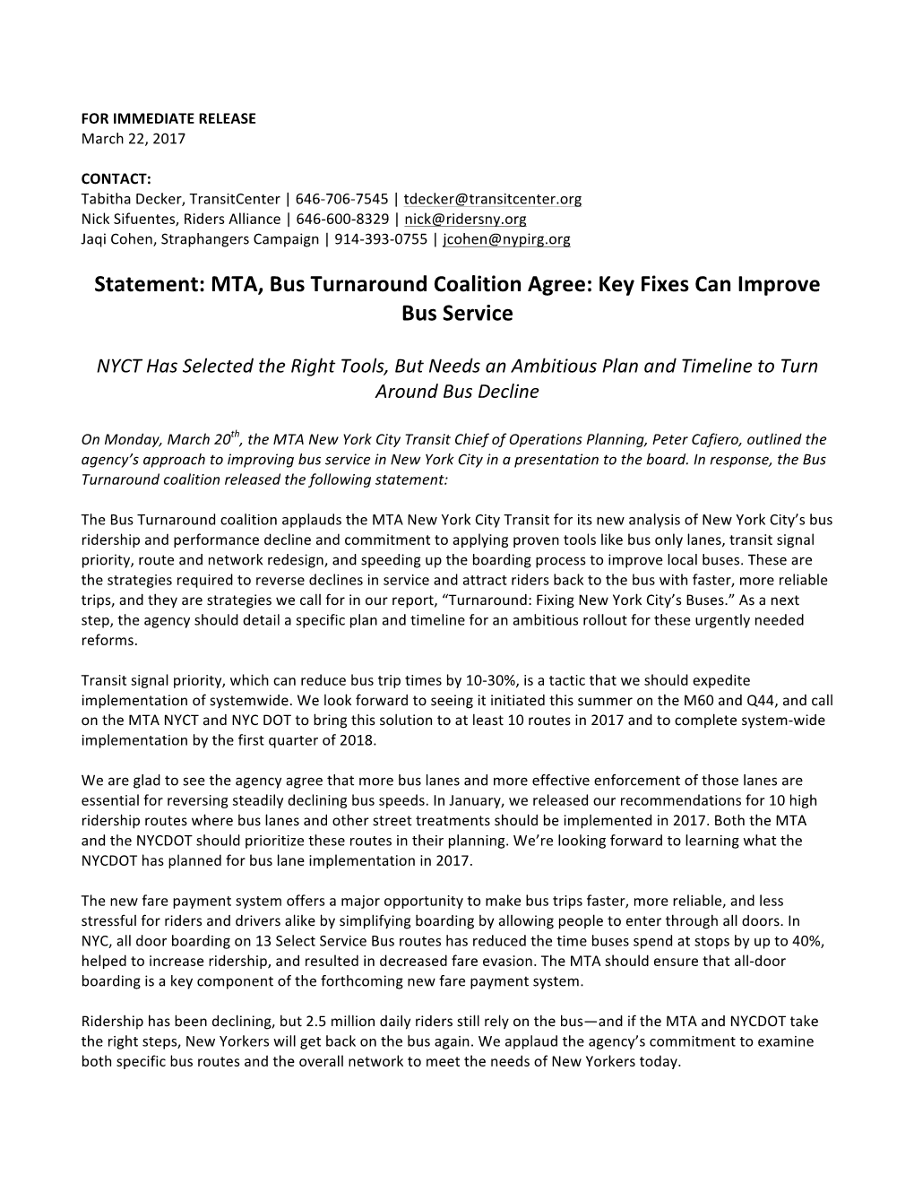 Statement: MTA, Bus Turnaround Coalition Agree: Key Fixes Can Improve Bus Service