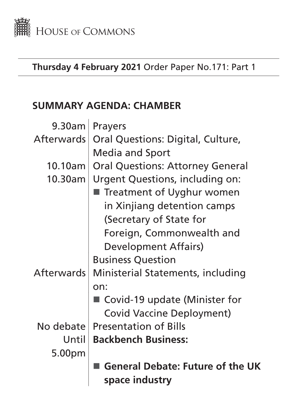 Thursday 4 February 2021 Order Paper No.171: Part 1