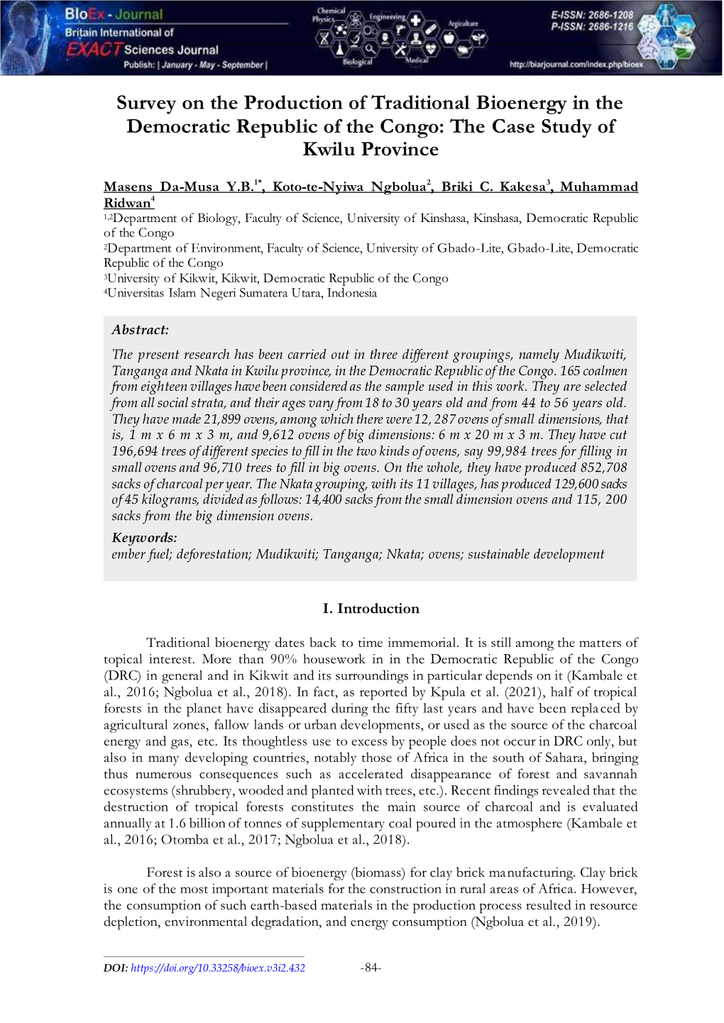 Survey on the Production of Traditional Bioenergy in the Democratic Republic of the Congo: the Case Study of Kwilu Province