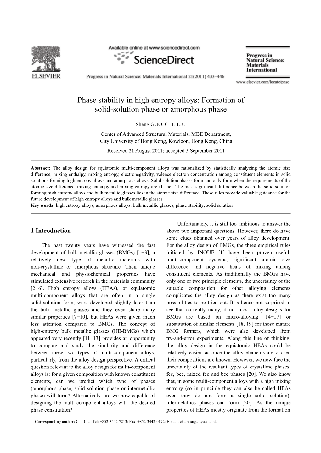 Phase Stability in High Entropy Alloys: Formation of Solid-Solution Phase Or Amorphous Phase