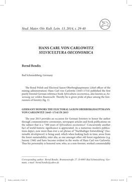 Hans Carl Von Carlowitz Sylvicultura Oeconomica