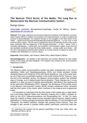 The Mexican Third Sector of the Media: the Long Run to Democratise the Mexican Communication System