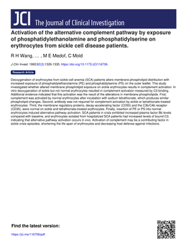 Activation of the Alternative Complement Pathway by Exposure of Phosphatidylethanolamine and Phosphatidylserine on Erythrocytes from Sickle Cell Disease Patients