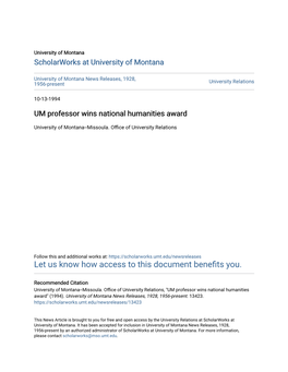 UM Professor Wins National Humanities Award