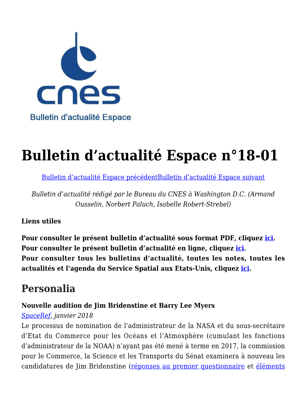 Bulletin D'actualité Espace N°18-01