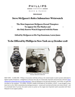 Steve Mcqueen's Rolex Submariner Wristwatch to Be