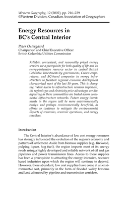 Energy Resources in BC's Central Interior