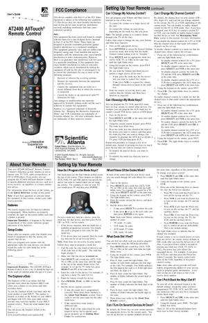 AT2400 Alltouch® Remote Control How Do I Program the Mode Keys? What If None of the Codes Work? the Same Time, Regardless of the Current Mode