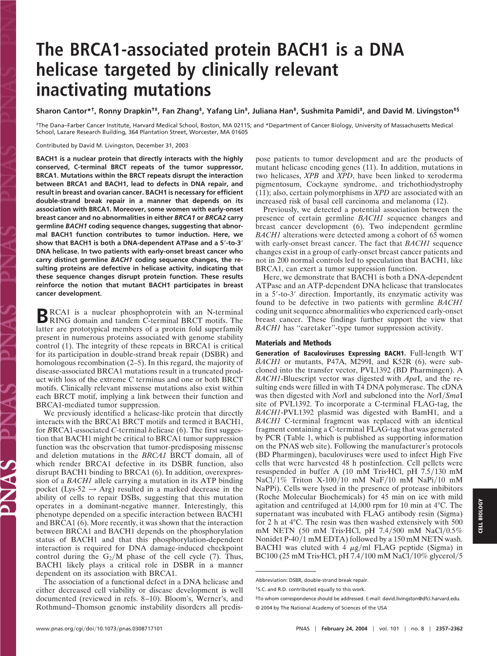 The BRCA1-Associated Protein BACH1 Is a DNA Helicase Targeted by Clinically Relevant Inactivating Mutations