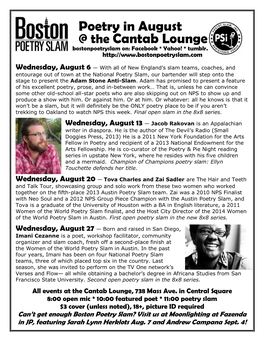 Poetry in August @ the Cantab Lounge Bostonpoetryslam On: Facebook * Yahoo! * Tumblr