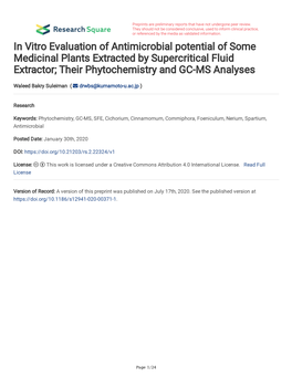 In Vitro Evaluation of Antimicrobial Potential of Some Medicinal Plants Extracted by Supercritical Fluid Extractor; Their Phytochemistry and GC-MS Analyses
