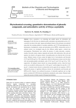 Phytochemical Screening, Quantitative Determination of Phenolic Compounds, and Antioxidative Activity of Ostrya Carpinifolia