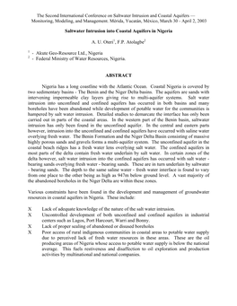 Saltwater Intrusion Into Coastal Aquifers in Nigeria