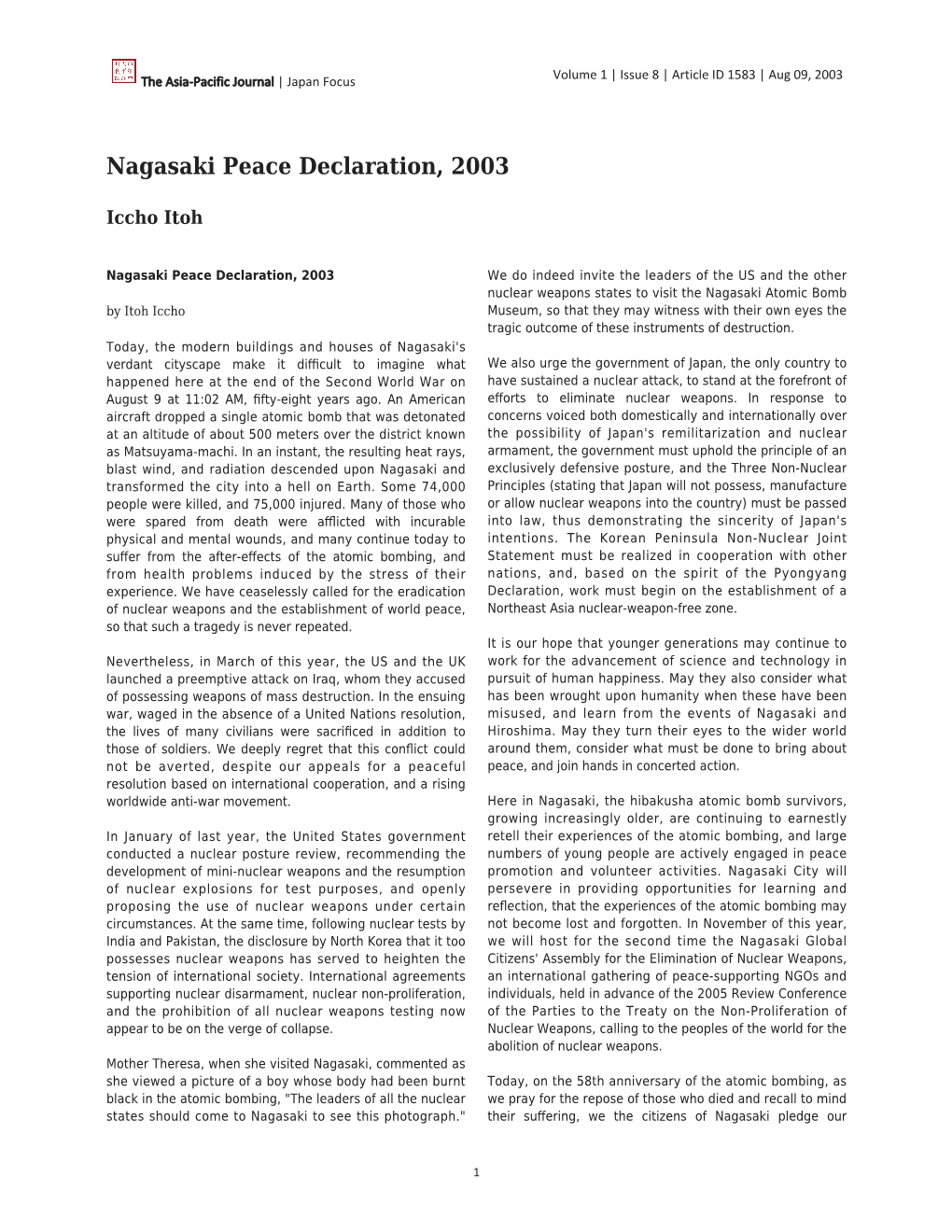 Nagasaki Peace Declaration, 2003