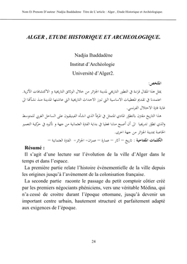 Alger , Etude Historique Et Archeologique. امللخص: لواثئق التارخيية و االكتشافات األثرية