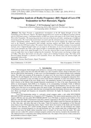 Propagation Analysis of Radio Frequency (RF) Signal of Love FM Transmitter in Port Harcourt, Nigeria