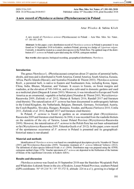 A New Record of Phytolacca Acinosa (Phytolaccaceae) in Poland