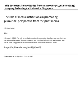 The Role of Media Institutions in Promoting Pluralism : Perspective from the Print Media