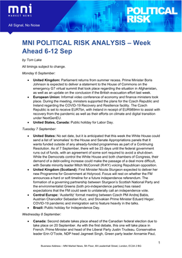 MNI POLITICAL RISK ANALYSIS – Week Ahead 6-12 Sep by Tom Lake All Timings Subject to Change