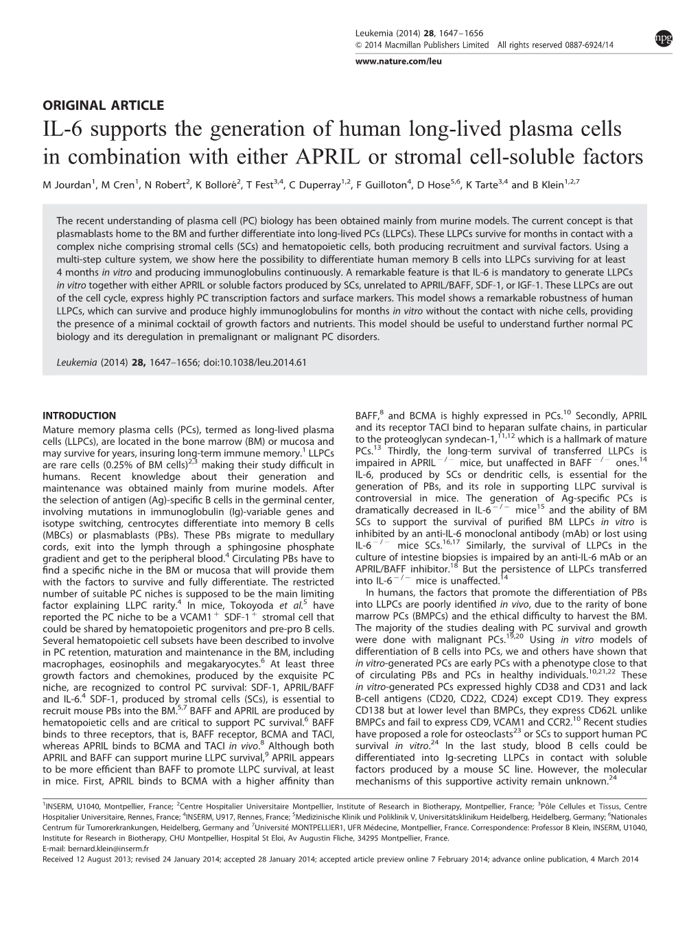 IL-6 Supports the Generation of Human Long-Lived Plasma Cells in Combination with Either APRIL Or Stromal Cell-Soluble Factors