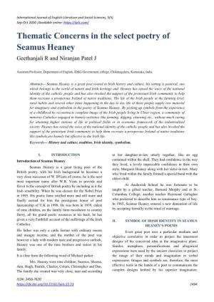 Thematic Concerns in the Select Poetry of Seamus Heaney Geethanjali R and Niranjan Patel J