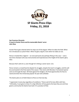 SF Giants Press Clips Friday, 21, 2018