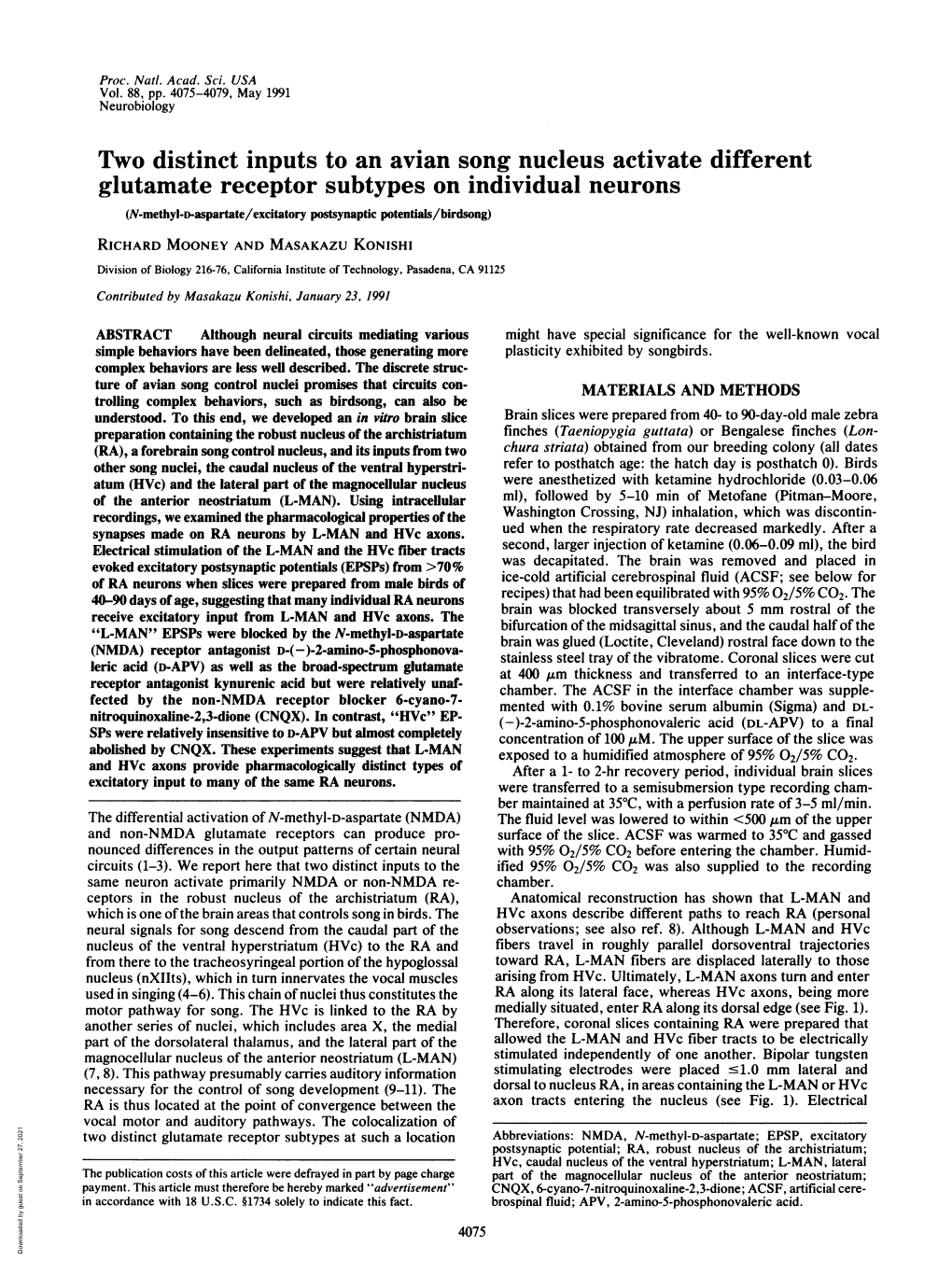 Two Distinct Inputs to an Avian Song Nucleus Activate Different Glutamate