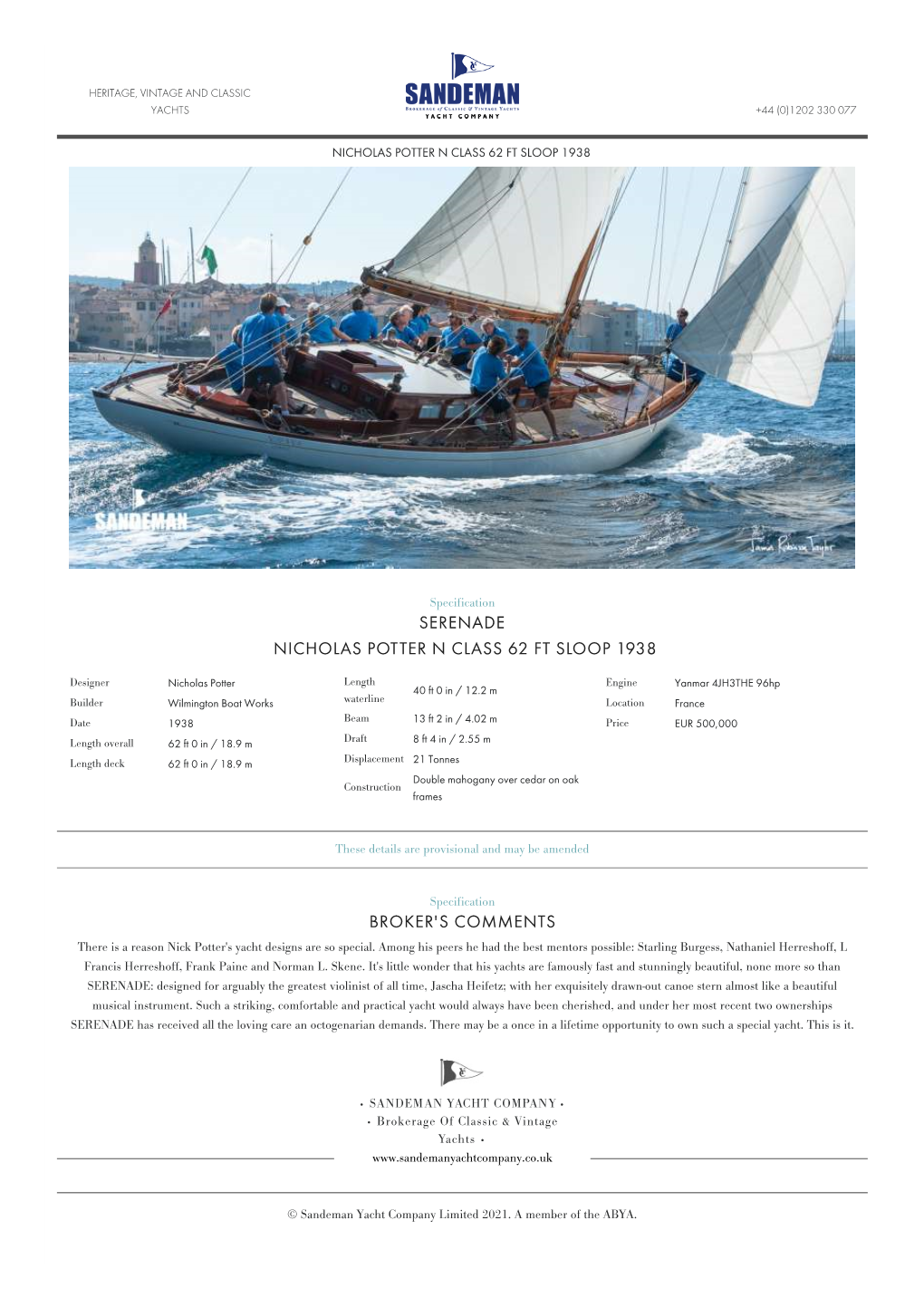 Nicholas Potter N Class 62 Ft Sloop 1938