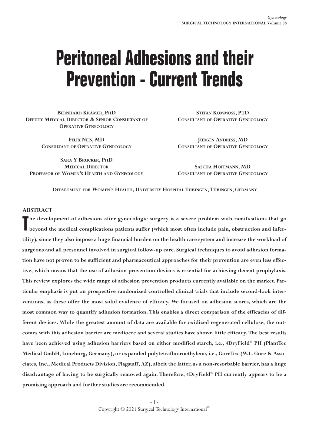 Peritoneal Adhesions and Their Prevention - Current Trends