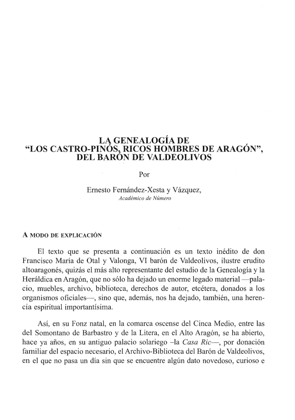 "Los Castro-Pinós~ Ricos Hombres De Aragón", Del Baron De Valdeolivos