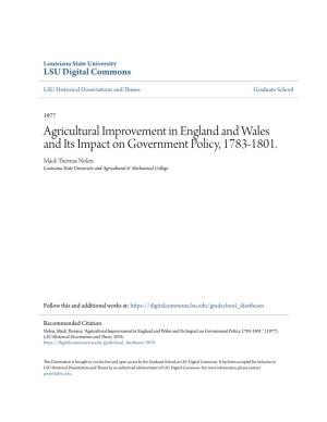 Agricultural Improvement in England and Wales and Its Impact on Government Policy, 1783-1801